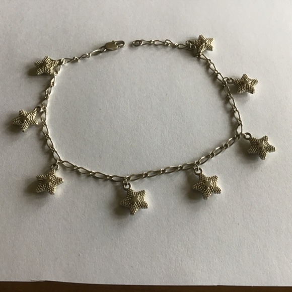 Silver tone metal anklet with stars dangles - Picture 2 of 5